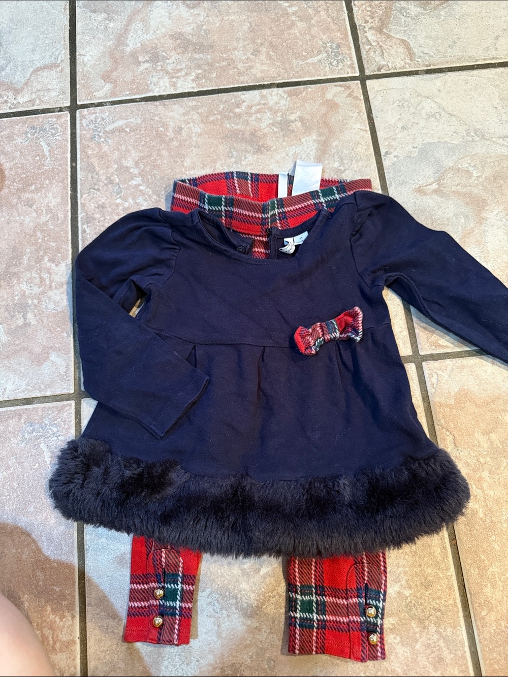 Janie and Jack Navy Tunic with Red Tartan Leggings Set